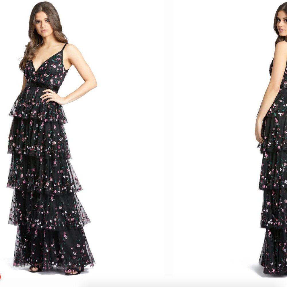 MAC DUGGAL 9062 TIERED BEADED FLORAL BLACK GOWN sz 2